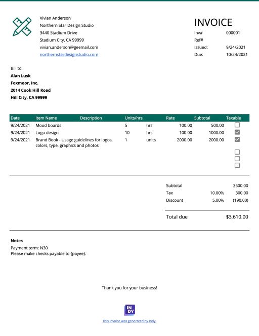 Indy Invoice