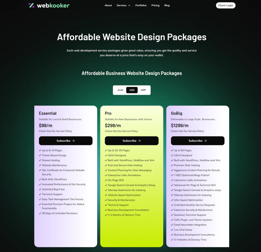 Webhooker pricing page