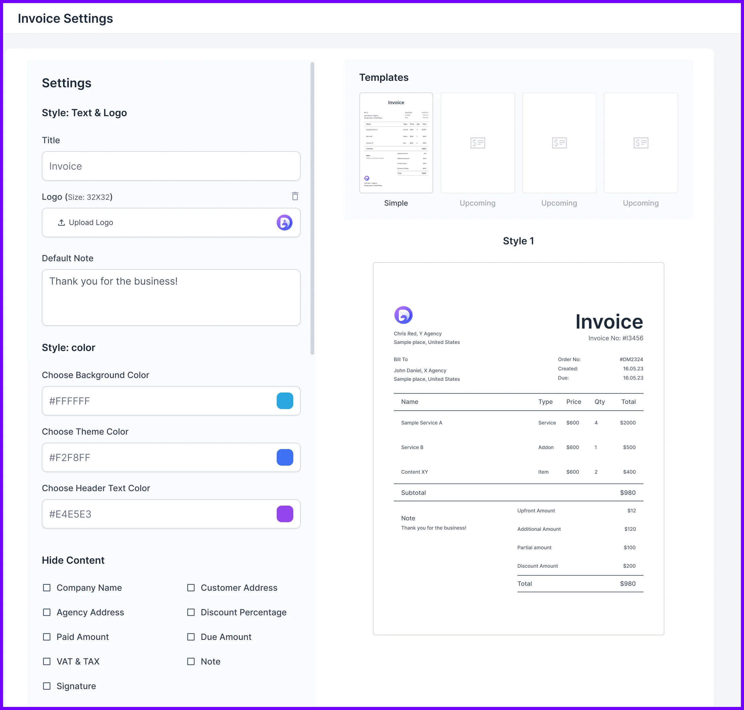 Agency Handy Invoice Settings