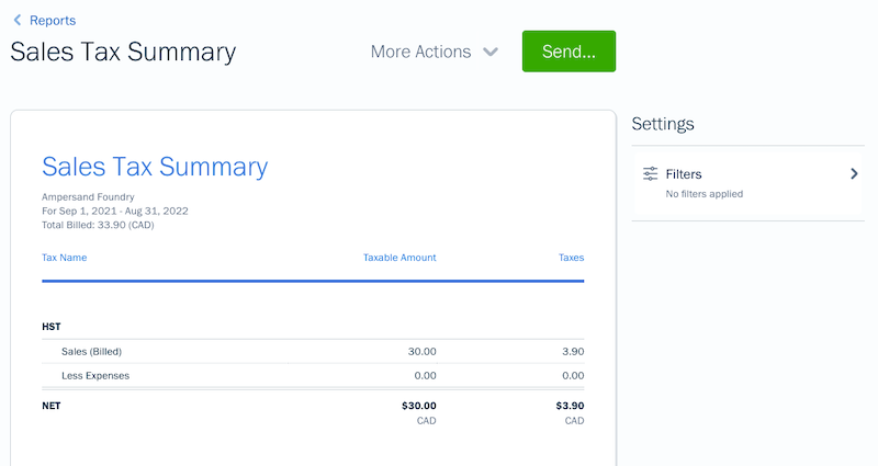 FreshBooks sales tax summary