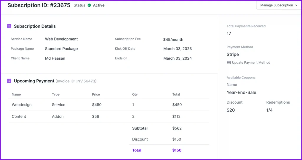 Agency Handy Subscription Details