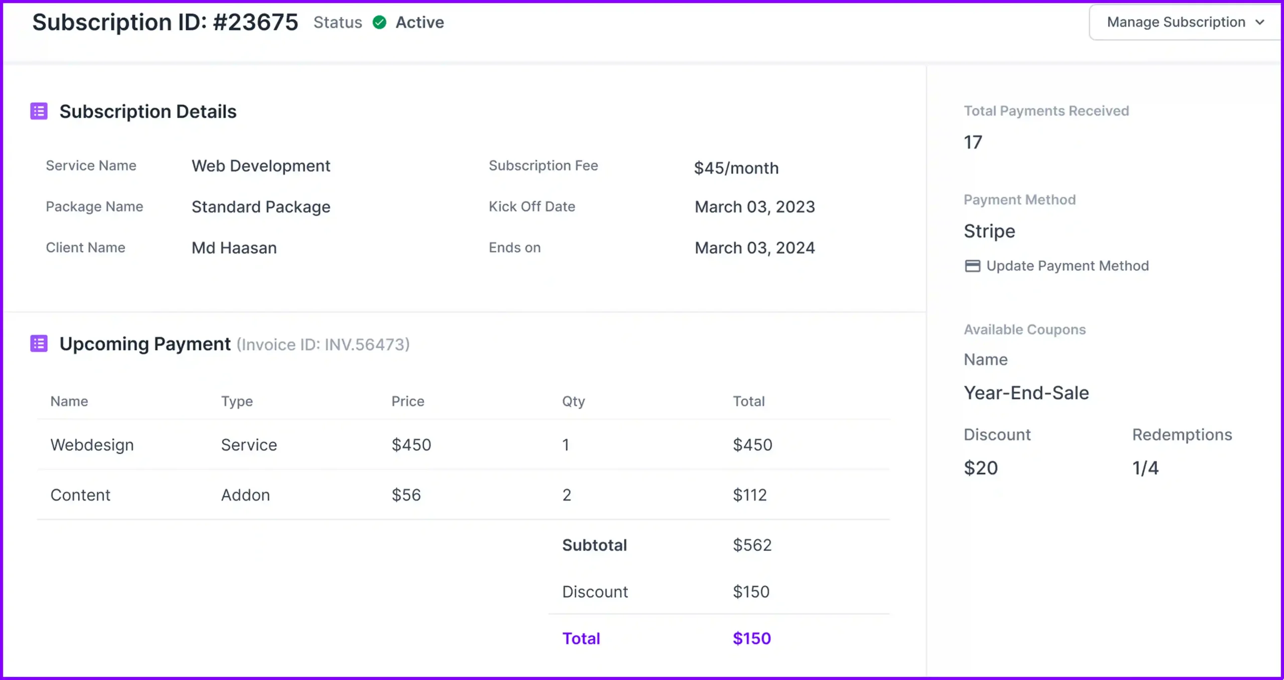 Agency Handy Subscription Details