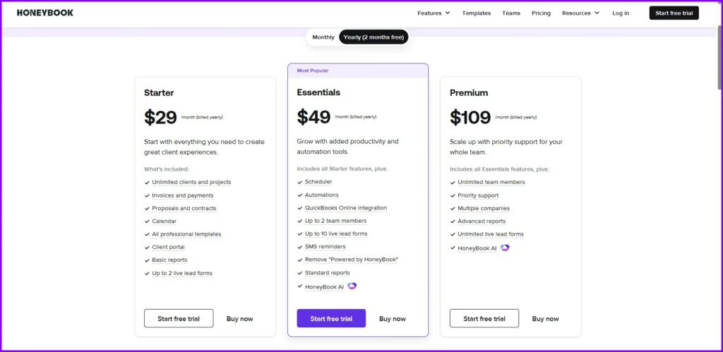 Honeybook Pricing