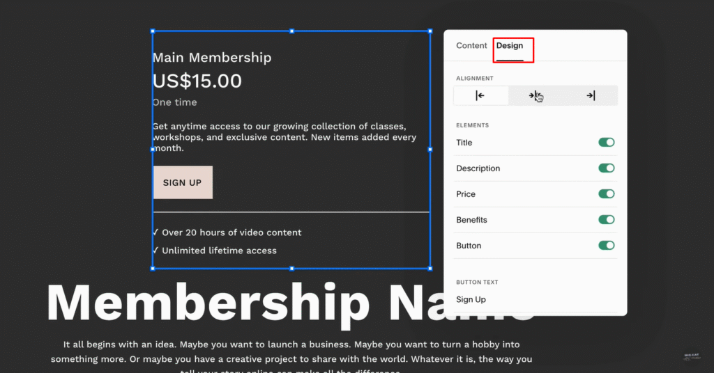 Customize text and layout from the Design tab. Save changes.