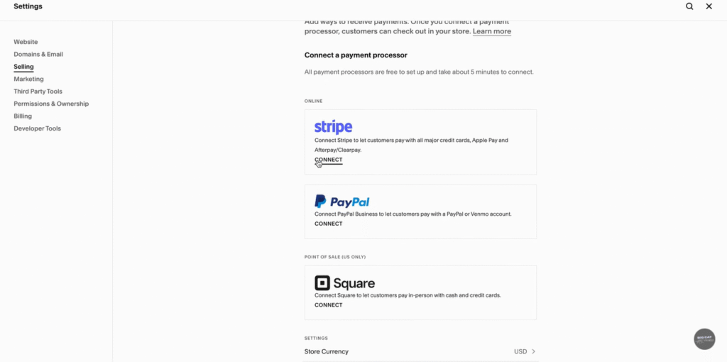 Connect Stripe, PayPal, or Square. 