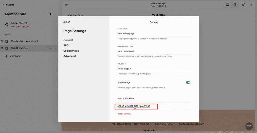 member site- page settings