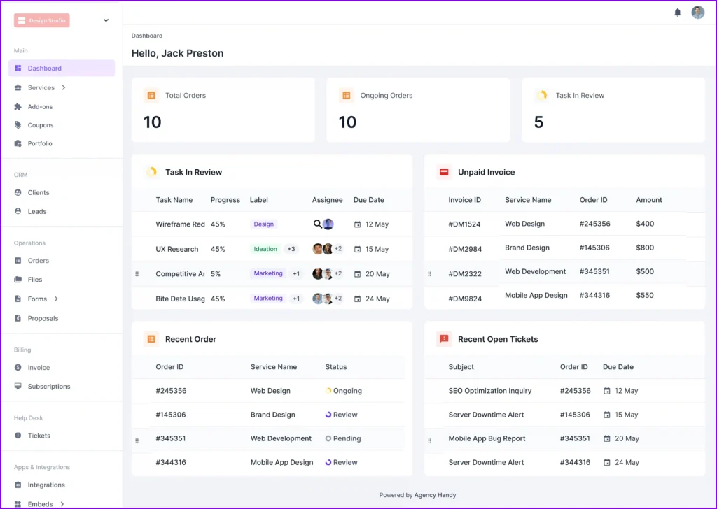 Agency Handy Client View