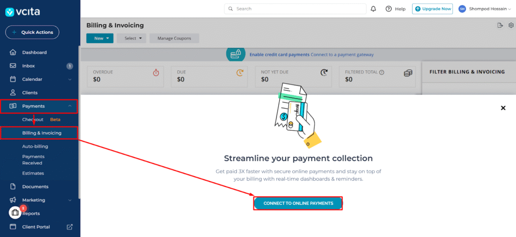 vcita Connect to payment