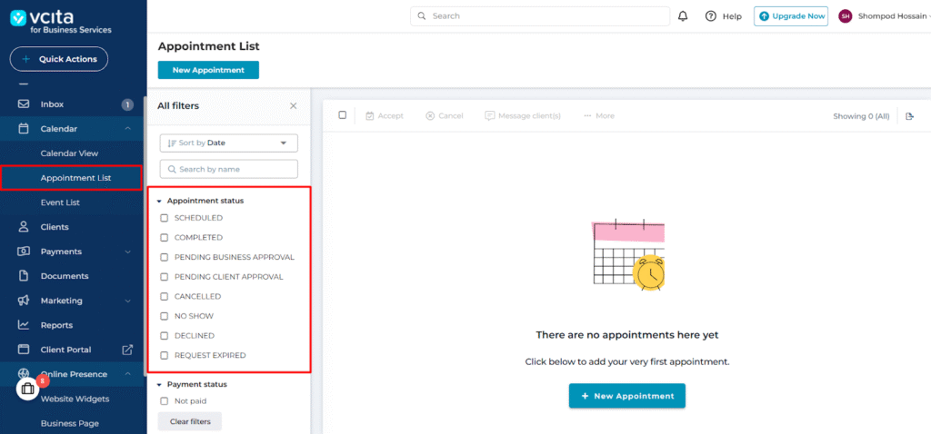 vcita Calender-appointment List