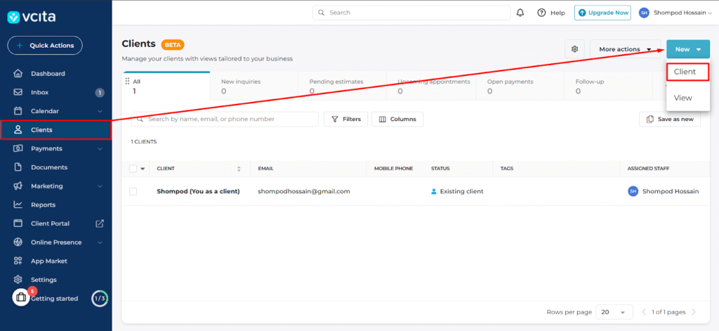 vcita add new client