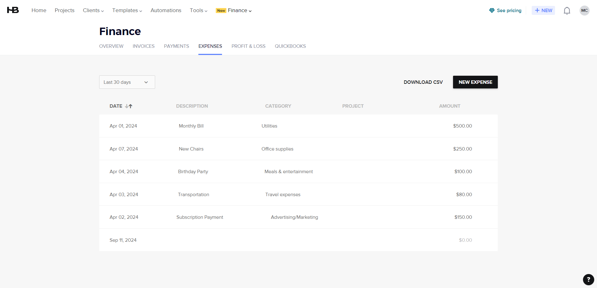 HoneyBook Expense Tracking