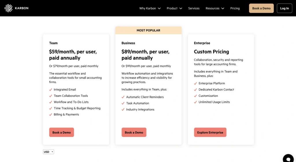Karbon Pricing Page