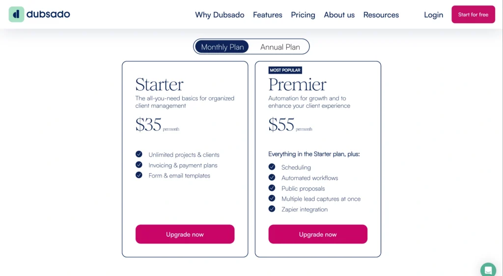 Dubsado Pricing Page