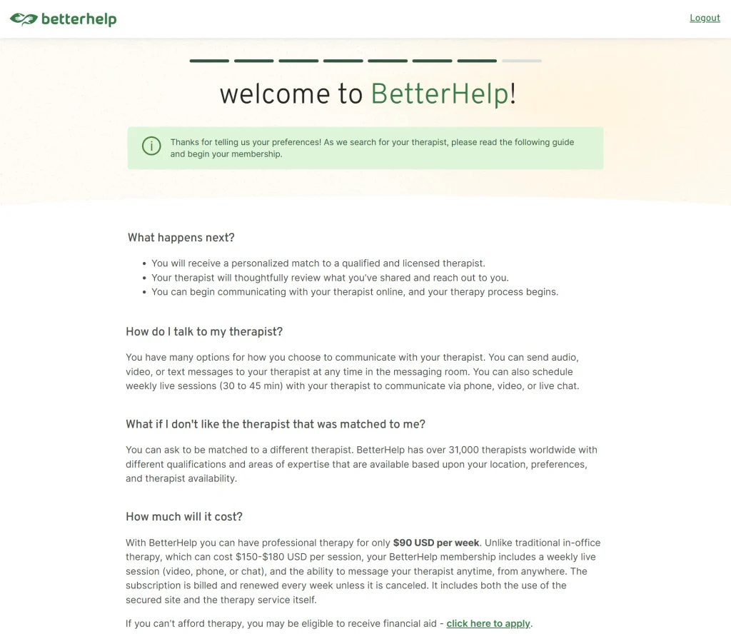 betterhelp com Next steps guide